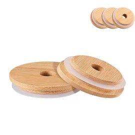 Bamboo Lids for Glass Cup, Mason Jar Lids with Straw Hole, Reusable Wooden Jar Lids for 16orz Beer Can Cups, Glasses and Straw Not Included (3 Pieces) (Wide Mouth 86mm)