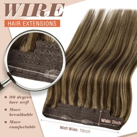 Sunny Hair Wire Hair Extensions Human Hair Invisible Wire Hair Extensions for Women Straight Hidden Hair Extensions with Adjustable Line Medium Brown Highlights Caramel Blonde 14Inch