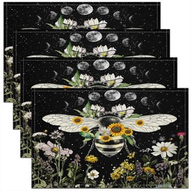 Death Moth Placemats for Dining Table 18"x12" Pack of 4 Skull Decor Moon Print Indoor Outdoor Kitchen Dinner Party Decor Table Mats Botanical Flower Black Washable Decoration Table Mats Placemat