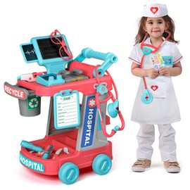 Liberry Doctor Kit for Toddlers Aged 2 3 4 5, Pretend Doctor Playset for Kids with Cart, Costume and Stethoscope, Role Play Medical Toy for Girls Boys (Red)