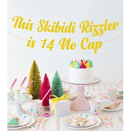 This Skibidi Rizzler is 14 No Cap Party Banner Decoration,Gold Glitter Funny 14th Birthday Sign Party Decorations, Favors, Supplies, Ideas and Gifts Decor