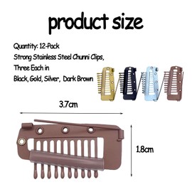 Pack of 12 Sturdy Chunni Clips Made of Stainless Steel, Multicoloured Wig Holder, Wig Hair Comb, Ten Tooth Design with Safety Pins, Easy to Use Dupatta, Bandana and Tikka
