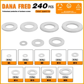Dana Fred 240pcs White Flat Washers Spacers，9 Sizes Flat Washers Assortment Kit,M5 M6 M8 M10 M12 M14 M16 M18 M20 Nylon Washers for Screws