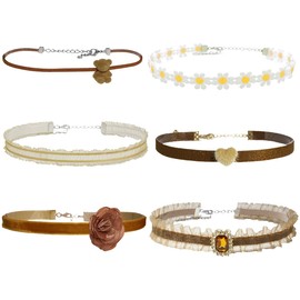 Nova&Aria 6PC Beige Chokers Set For Women Heart Pearl Brown Choker Necklaces Flower Pendant Velvet Cute Choker Necklace Classic Tattoo Colorful Lace Chokers-04