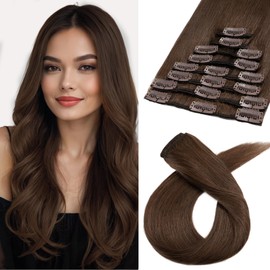 Benehair Hair Extensions Clip in Real Hair 8 PCS Full Head Set for Women & Girls Human Hair Extensions Clip in Long Straight Hairpieces Natural #4 Medium Brown 12 Inch (55 g)