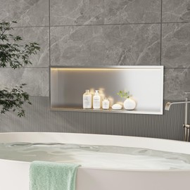 Neodrain Recessed LED Shower Niche, Brushed 30X12 in Waterproof Stainless Steel Wall Niche, 3000K LED Strip No Tile Needed Cabinet for Bathroom Storage