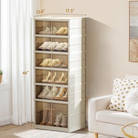 ELPHECO 6 Tier 12 Pairs Foldable Shoe Rack Shoe Organizer with Magnetic Doors, Entryway Folding Shoe Shelf, Easy Assembly Sneaker Cabinet, Plastic Shoe Storage Container Bins