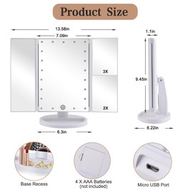 Flymiro Tri-fold Lighted Vanity Makeup Mirror with 3x/2x Magnification,21 LEDs Light and Touch Screen,180 Degree Free Rotation Countertop Cosmetic Mirror,Travel (White)