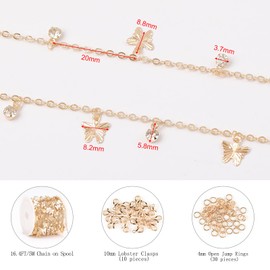 KYUNHOO 16.4 Feet Glass Bead Jewelry Chain Roll Dangle Butterfly Cable Chain Spool Light Gold Plated Jewelry Chains for Making Jewelry with Lobster Clasps and Jump Rings