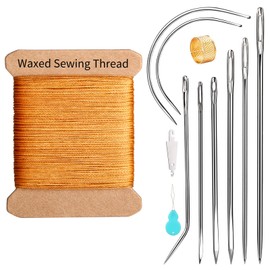KAQRHFT Repair Sewing Kit, Upholstery Needle and Thread Kit with 32 Yard Waxed Thread and 8 Pcs Heavy Duty Leather Needles for Hand Stitching, Canvas & Quilting - 0.55mm Round Waxed Cord Coffee