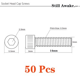 M3-0.5 x 14mm Socket Head Cap Screws Metric, Allen Socket Drive, Stainless Steel 304, Full Thread, Bright Finish, Machine Thread (50 Pcs)