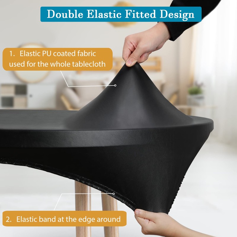 Rinpon Double Fitted Design PU Round Fitted Tablecloth, Anti-Tear Wipeable