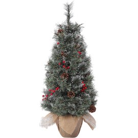 3ft Pre-Lit Small Artificial Mini Christmas Tree, Christmas Tree Prelit with Vintage Potted Base, Flocked Snow 78 White Led Lights & Red Berries & Snowflake, Home Decor Indoor for Bedroom, Fireplace