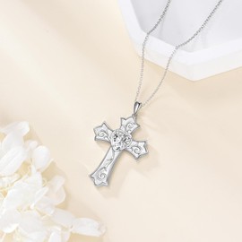 YONFQE Cross Necklace S925 Sterling Silver Cross Heart Pendant Vintage Jewellery Gifts for Men Women