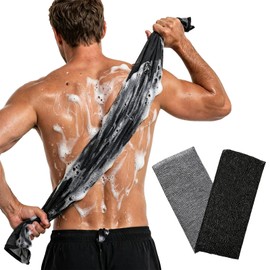 Extra Rough Exfoliating Washcloth 35" x 12" – Ultra Long Nylon Back Scrubber for Shower, Deep Cleansing Body Exfoliator, Quick-Dry Loofah Alternative, Super Hard Shower Towel, Black+Gray