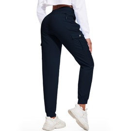 LadyJoy Cargo Pants Women Hiking Cargo Joggers for Women Ankle Lightweight Summer Scrub Parachute Linen Pants with Pockets Golf Travel Quick Dry Elastic Waist Drawstring 29'' Navy Blue M