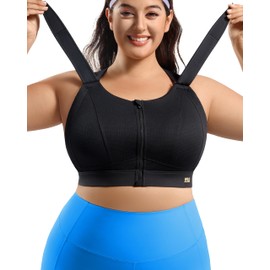 VFUS High Impact Zip Front Adjustable Sports Bra No Bounce Criss Cross Plus Size Bras for Women Workout Running (X-Large Plus, Black)