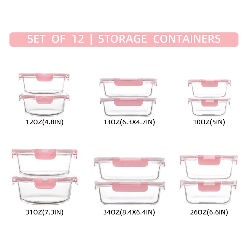 FAWLES 12 Pack Glass Storage Containers with Lids, Leak-Proof Meal
