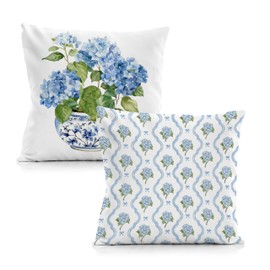 Qvapt Chinoiserie Blue Hydrangea Floral Pillow Cover 18x18, Grandmillennial Cottagecore Hydrangea Flower Decorative Throw Pillow Covers Cases for Home Living Room Bedroom, Set of 2