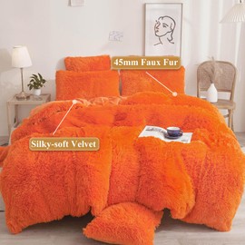 XeGe Plush Faux Fur Duvet Cover King Size, Luxury Shaggy Fluffy Orange Comforter Cover 1 PC, Soft Furry Fuzzy Velvet Bedding with Zipper Closure for Bedroom (King, Orange)