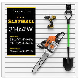 3'H x 4'W Slatwall Panel Garage Wall Organizer: Heavy Duty Wall Mounted PVC Wall Rack, Interlocking Slat Wall Paneling for Garage Wall Storage, Slatwall Board or Slatwall Shelves System - White