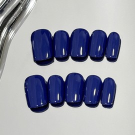 CHAONENG 24pcs Blue Shiny Glossy Coffin Fake Nails Reusable Nail Kit with Glue, Tabs, File & Press Ons (12 Sizes)