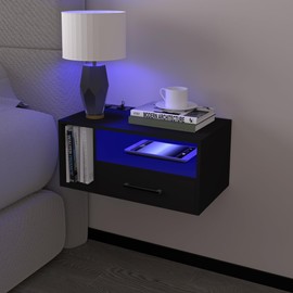 Homaterial Floating Nightstand with Charging Station and LED Lights, Floating Bedside Table with Drawers Wall Mounted Nightstands,for Bedroom Room, 21.3" x 11.8" x 10",Black