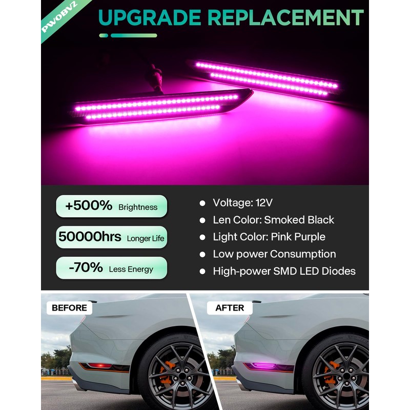 Pink Purple LED Side Marker Lights for Ford Mustang 2015-2023