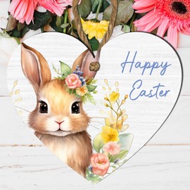 Handcrafted Girl Bunny Wooden Heart Plaque - Perfect For A Easter Gift | Seasonal Home Decor | Hanging Design for Wine Bottles, Hampers, Decorative Trees | Festive 'Happy Easter' Message