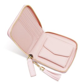 Small Zip Around Wallet Multi-Slot, Women's RIFD Blocking Small Compact Bifold Leather Pocket Wallet Mini Zipper Purse Card Holder for Women Men Valentines Wedding Anniversary (Pink)
