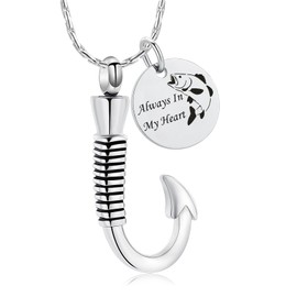 Cremation Jewelry for Ashes Urn Memorial Necklace Fish Hook Design Stainless Steel Pendant Keepsake Ashes Holder (Always In My Heart-Silver)