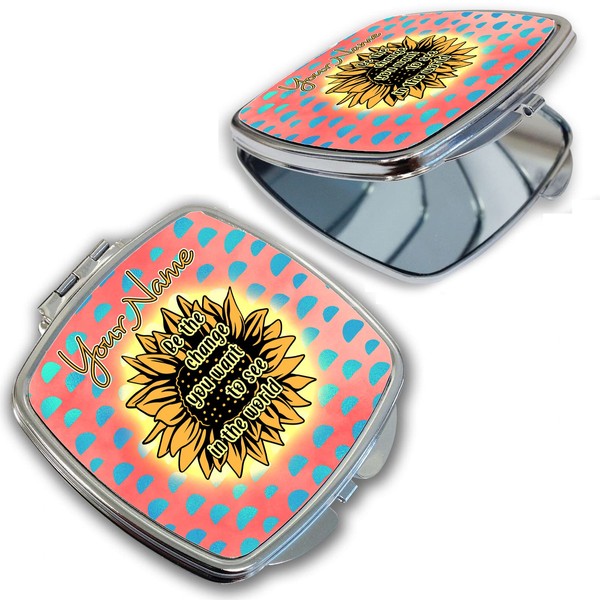 Bleu Reign Compact Personalized Pocket Mirror Custom Name Pink Sunflower