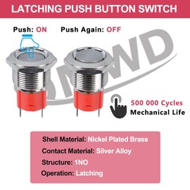 DMWD 19mm Heavy Duty Latching Metal Push Button Switch Waterproof Anti-Vandal Large Current 20Amp 12V 24V 110V ON-Off 1NO 2 Pins with Pre-Wired Socket for 3/4" Mounting Hole Without LED