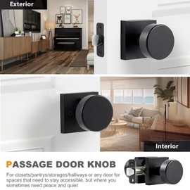 naubea Passage Black Door Knobs Interior, Matte Black Door Knob for Closet Hallway, Heavy Duty Modern Square Passage Interior Door Handle
