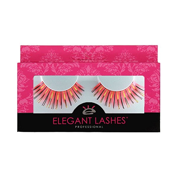 Elegant Lashes C023 Premium Color False Eyelashes (Coral Red-Orange Color Eyelashes with Gold & Navy Metallic Mix) Halloween Dance Rave Costume