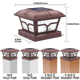 SIEDiNLAR Solar Post Cap Lights Outdoor 2 Color Modes 8 LEDs for 4x4 5x5 6x6 Posts Fence Deck Patio Decoration Warm White & Cool White Lighting Brown (6 Pack)