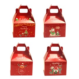 CHARMGIFTBOX 24 Pack Treat Gift Boxes with Handles for Christmas Party Decorations, Party Favors, Cupcake, Cookies, Goodies, 4 Designs Red Cardboard Cookie Boxes