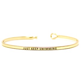 by you Inspirational Positive Quote Message Engraved Thin Cuff Bangle Hook Bracelet (JUST KEEP SWIMMING-GOLD)