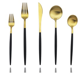 JASHII Luxury Black Gold Flatware, Silverware Sets, 5-Piece Elegant Cute 18/10 Stainless Steel Silverware Set for Eating Home Kitchen Hotel Restaurant, Service Sets for 1 People, Dishwasher Safe