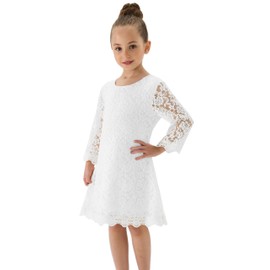 2Bunnies Girl Vintage Lace Scalloped Trim Boho Rustic Country Communion Flower Girl Dress (Long-Sleeve White, 6)