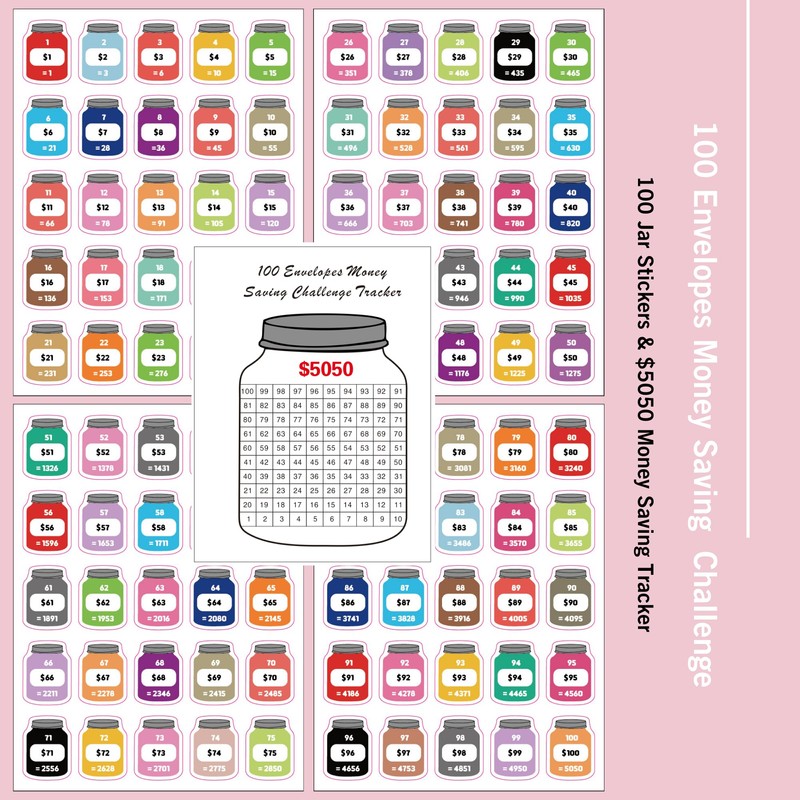 100 Envelopes Money Saving Challenge Stickers and Tracker, 52 Week