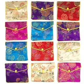 Bestac 12 Pcs Jewelry Silk Purse Pouch Chinese Brocade Embroidered Bags, Multiple Colors, Coin Container Pocket (Large)