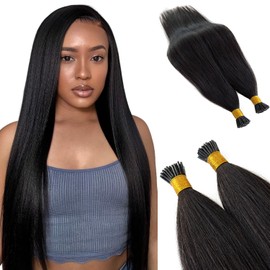 Light Yaki Straight I Tip Hair Extensions Human Hair, Natural Black I Tip Extensions Real Human Hair 14 Inch Cold Fusion Remy Hair Extension Yaki Straight I Tips for Black Women 100 Strands 50Grams