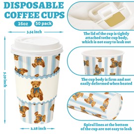 50 Sets Bear Coffee Cups with Lids Sleeves 16 Oz Paper Cup Blue Stripe Bear Disposable To Go Coffee Cup for Birthday Baby Shower Party