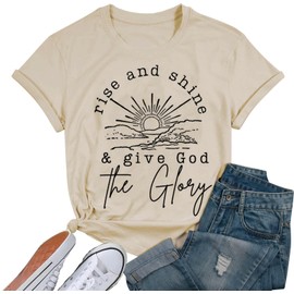 Women Mountain Sunrise Adventure Shirt Hiking Camping Workout T Outdoor Athletic Loose Fit Activewear, Beige L