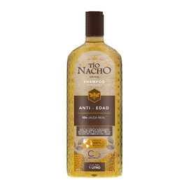 Tío Nacho ANTI-EDAD, shampoo JALEA REAL y extractos de ROMERO, BARDANA, ALOE VERA, JOJOBA. Cabello visiblemente REJUVENECIDO, ideal para cabello con CANAS