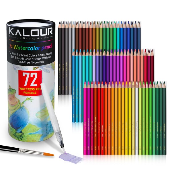 KALOUR KALOUR 72-Color Professional Watercolor Pencils Set with Brush and