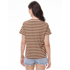 PEHMEA Women's Summer Cotton Striped Short Sleeve Crew Neck T-Shirts Casual Everyday Top for Work Weekend(BrownWhite-XL)