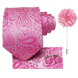 Hi-Tie Ties for Men Pocket Square Cufflinks Lapel Pin Mens Tie set Formal Wedding Business,Pink Paisley