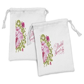 Ambesonne Bridal Shower Fabric Pouch Set of 2, Shabby Form Flowers Roses Buds and Leaves Artwork Print, Small Drawstring Bag for Toiletries Masks and Favors, 9" x 6", Pale Pink Hot Pink